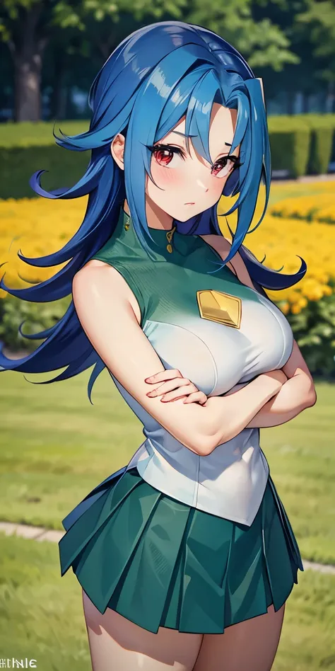 1 Female,High definition,high resolution,Ultra-realistic,8K, kr1, multicolored hair, dyed bangs, white shirt, sleeveless,  green skirt, tight skirt, miniskirt, pleated skirt, large breasts,European,sexy,Upper body close-up,Photographed from the front,Dynam...