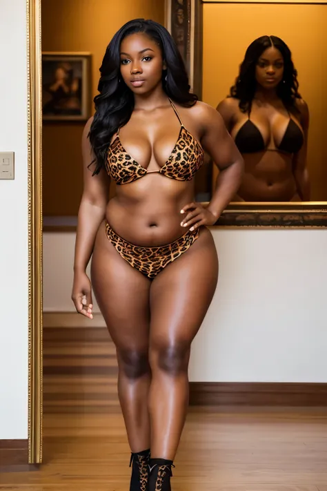 23 year old black woman in a sexy cavewoman bikini posing for a picture, thicc, overweight body, fat build, thick thigs, large thighs, hyperrealistic full figure, exaggeratedly large physique, massive legs towering over you, fat, beautiful fat female, powe...