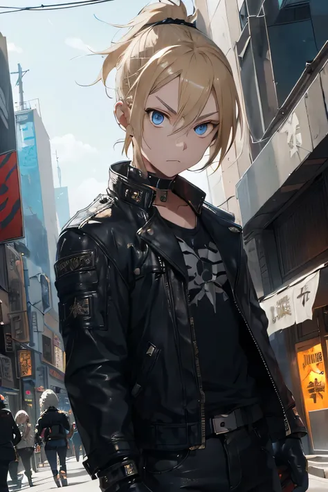 1boy,cyberpunk,Solo, Shota, blonde hair blue eyes badass leather golden Jacket with a logo of white wolf on the back, large black tank-top,black jeans,half black gloves,Thick Hair with Undercut with short ponytail,blonde eyebrows,Shota, retro, neon, badass