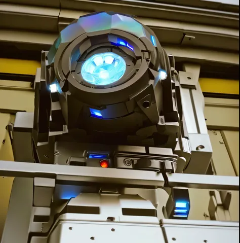  there is a traffic light that sits on top of a movable and rotating base, Laser tower  , laser weapons,  automated defense platform ,  technology and iridescent weapon ,  high angle and close-up photo , closeup shot, upcoming portrait, foto em close,  lon...