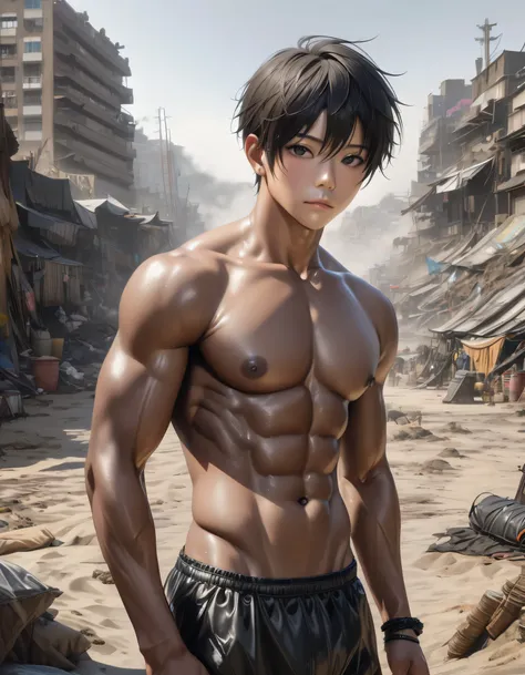 (3 idol dark skin japanese boys), abs, Black short Hair, detailed Black Eyes, (dark brown skin), topless, (detailed nipples), black thong,best quality, 4k, 8k, highres, (masterpiece:1.2), ultra-detailed, (photo realistic,:1.37), looking at viewer, (smirk:0...