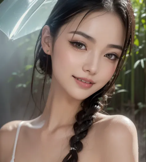 Japanese beautiful classy lady, narrow face, face forward, See here, red lips, wet skin, wet hair., slim figure with a slender waist, sitting in a deep hot springs by bamboo forest, Soak up to the shoulders in the deep hot springs, in a cloud of steam, Wea...