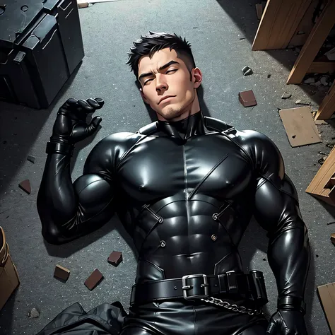 Age 27, One Man,Muscular、 black bodysuit 、 black leather pants 、Shocker Belt、 black gloves 、 black boots 、Combatant、Combat pose、 Face、City of Rubble bombing inflammation feet Spread it out、 lying on your back 、Gay、logic、Handsome soldier Cool guy U...