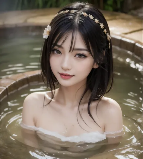 Japanese beautiful classy lady, narrow face, face forward, See here, red lips, wet skin, wet hair., slim figure with a slender waist, sitting in a deep hot springs by bamboo forest, Soak up to the shoulders in the deep hot springs, in a cloud of steam, Wea...