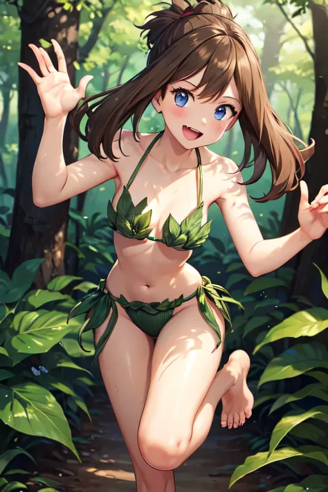   leaf bikini,  One Girl , Alone, barefoot　Teary-eyed 　only　 beautiful legs　A smile that opens its mouth　 in the woods　 seducing pose 　Turn the sole of the foot　 jump