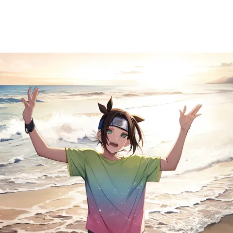 arafed girl standing on the beach with her hands up in the air, at beach at sunset, with sunset, sunset!!!, beach pic, peacefull, posing on a beach with the ocean, at the beach on a sunset, wearing a tie-dye t-shirt, at a beautiful sunset, in a sea, in the...