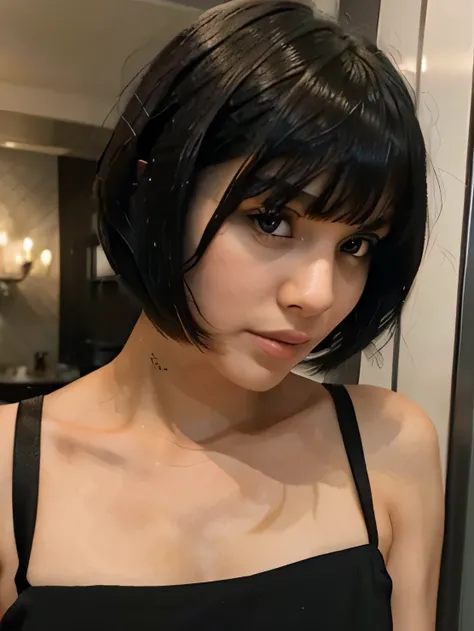  girl with short black hair and bangs ,At a fancy dinner