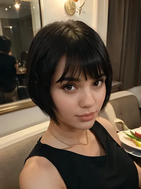  girl with short black hair and bangs ,At a fancy dinner