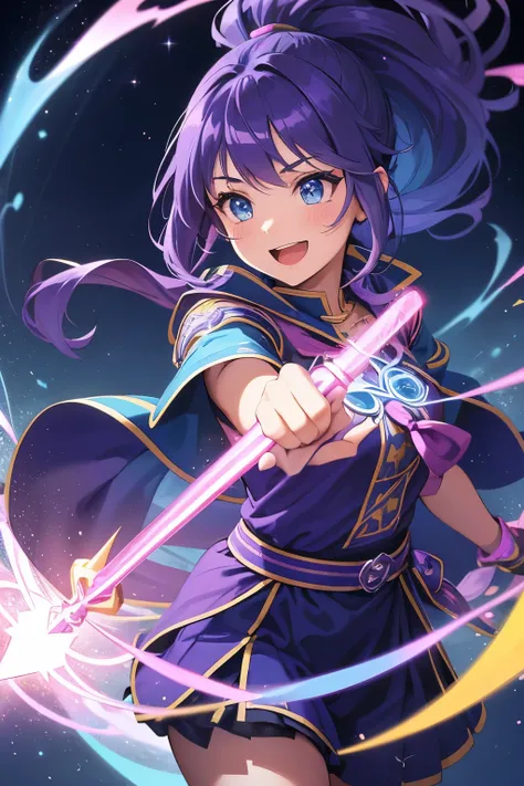 A cheerful teenage girl with long, wavy purple hair tied into a ponytail. She wears a vibrant mage outfit with a mix of blue and white, holding a glowing wand. The background shows a magical academy with floating books and sparkling lights.
