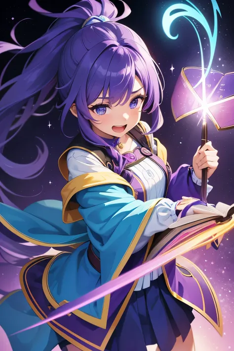 A cheerful teenage girl with long, wavy purple hair tied into a ponytail. She wears a vibrant mage outfit with a mix of blue and white, holding a glowing wand. The background shows a magical academy with floating books and sparkling lights.
