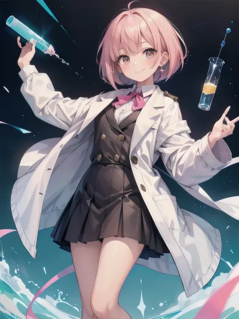 She is wearing a scientists white coat, buttoned up at the front, with the skirt reaching down to her ankles.

An anime-style girl is holding a test tube in each hand, like a mad scientist, and has a defiant smile with one corner of her mouth turned up.

S...