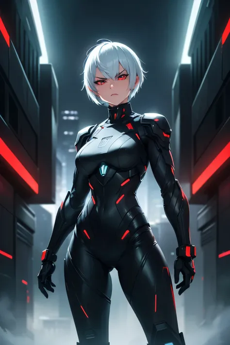 A fierce-looking woman with short silver hair and mechanical enhancements on her arms and legs. She wears a black tactical suit with red accents, standing in a futuristic cityscape with neon lights. Her expression is cold and focused, ready for battle.