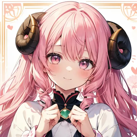 An anime-style close-up illustration of ‘Fua-chan’ giving a bright and adorable smile directly at the viewer. Fua-chan has long pink hair styled ((in soft curls resembling sheep’s horns,)) framing her face gently. Her pink eyes sparkle with warmth and happ...