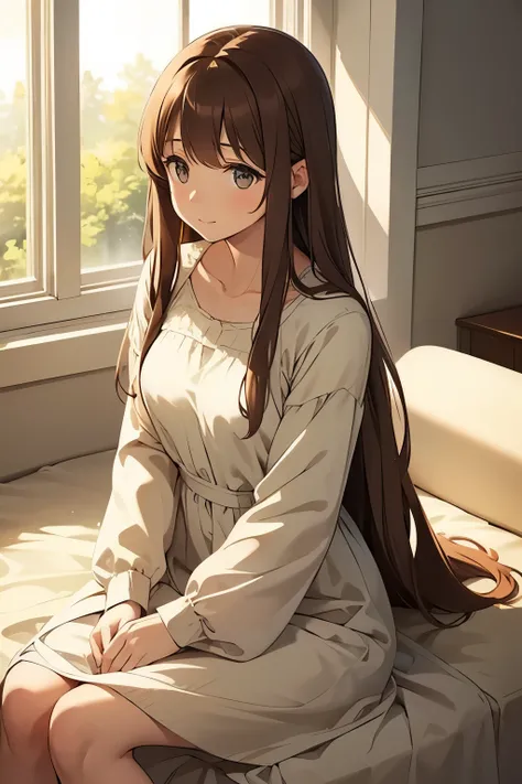 A gentle-looking girl with long, flowing brown hair and a soft smile. She wears a simple but elegant dress in pastel tones, sitting by a window with sunlight streaming in. The atmosphere is peaceful and warm.

