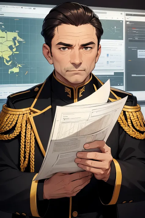 A middle-aged man with neatly combed dark brown hair and a sharp gaze. He wears a formal black and white military uniform adorned with medals, holding a map and a pen. The background is a command room filled with tactical screens and documents.
