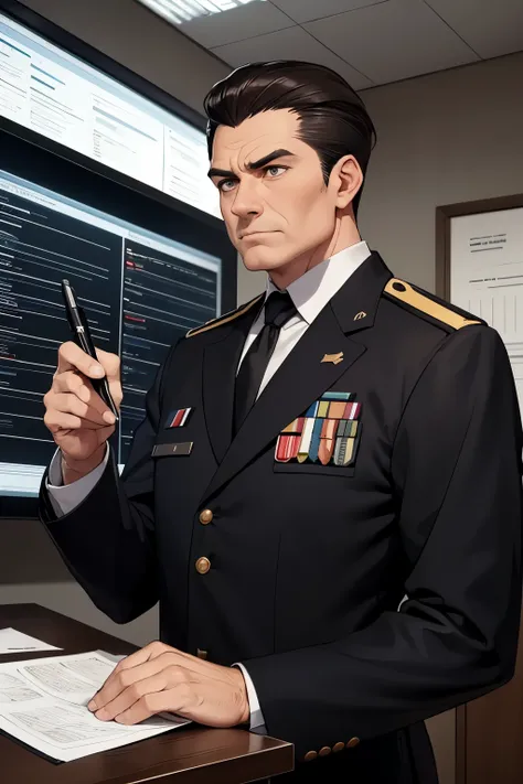 A middle-aged man with neatly combed dark brown hair and a sharp gaze. He wears a formal black and white military uniform adorned with medals, holding a map and a pen. The background is a command room filled with tactical screens and documents.
