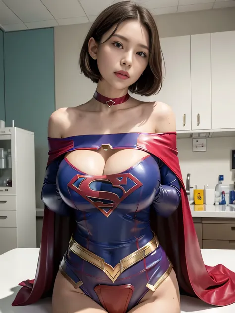 masterpiece、 latex supergirl costume 、 off shoulder 、Ultra short hair、 Big and Rich Breasts 、 shiny sweaty skin 、Look directly into the camera、 choker 、Provocative cleavage、 Long Sleeve 、Cape、Glamorous bare legs、 in front of laboratory equipment in hospita...