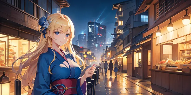 An anime-style portrait of a stunning blonde-haired woman with radiant blue eyes, her hair elegantly styled to complement the flowing lines of her traditional yukata. The yukata features intricate summer patterns in shades of blue and white, blending class...