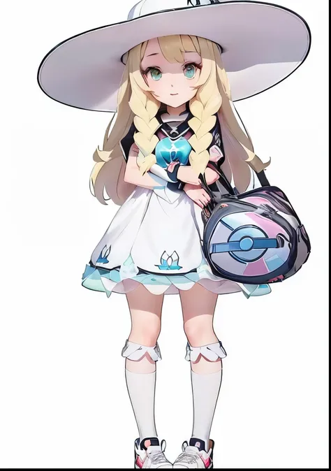 A cartoon girl is holding a hat and a bag,  Pokémon Trainer, Leaked images, Pale young ghost girl,  Official Art work,  Pokémon Trainer outfit, Loli Dress,  Pokémon art style ,  Official Art ,  New Pokémon , Cell painting art style , Pokémon sword and shie...