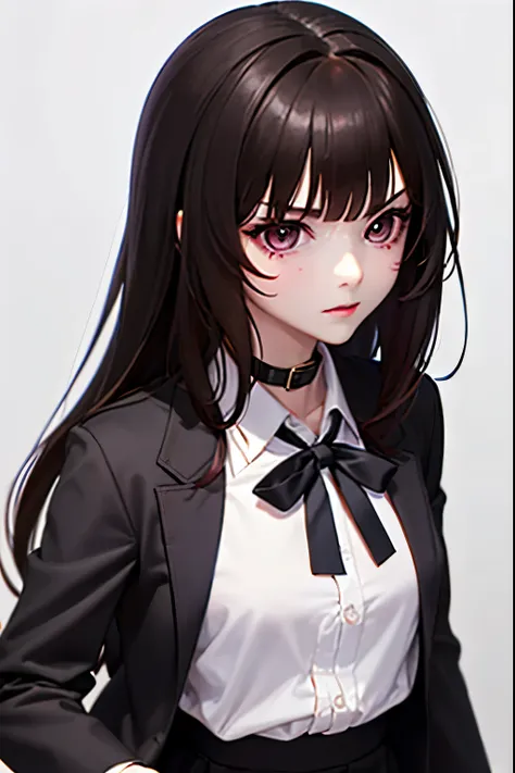  Create an image of a lively girl in a black coat with velvet around the collar of the coat and with a black blouse and a black skirt and with pink eyes, semi-long brown hair and a slightly serious expression .