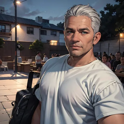 A modern hand-drawn portrait of a 35-year-old man, athletic, gray hair, light eyes, wearing casual clothes, night scene, semi-realistic style, well-defined and detailed brushstrokes, perfect shading, natural colors, technological structure. 