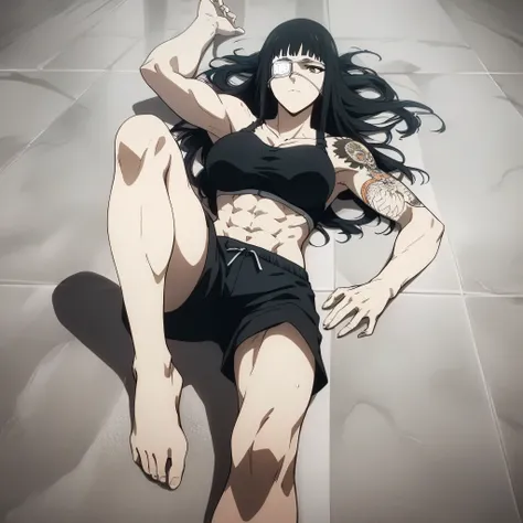 score_9, score_8_up, score_7_up,score_6_up,high resolution,source_anime,s0fiavalm3t,1girl,eyepatch,black hair,long hair,,dramatic shadow,full body,pov,suspended in air, tattoos on shoulder,wearing sport bra,black  Elastic fibers sport shorts,Barefoot,in ba...