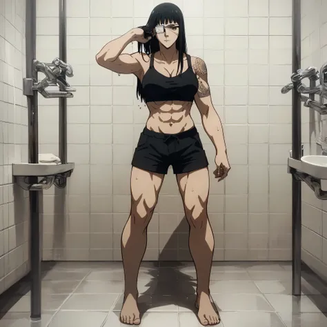 score_9, score_8_up, score_7_up,score_6_up,high resolution,source_anime,s0fiavalm3t,1girl,eyepatch,black hair,long hair,,dramatic shadow,full body,pov,suspended in air, tattoos on shoulder,wearing sport bra,black  Elastic fibers sport shorts,Barefoot,in ba...