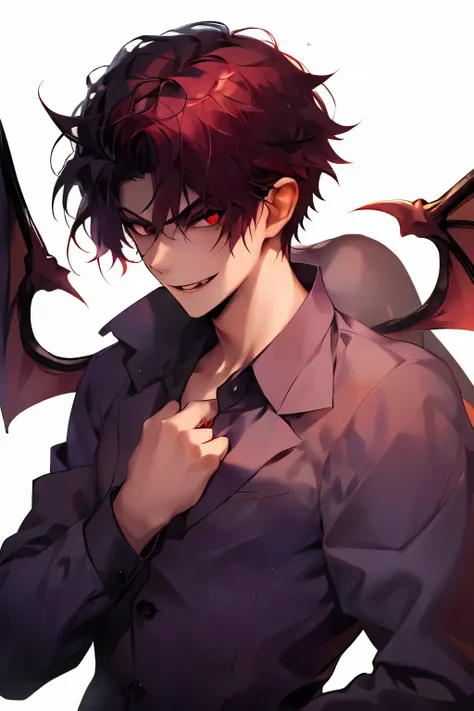 seductive vampire, 1boy, one male, adult vampire male, attractive, button up shirt, Looking at viewer, Simple background, Red Eyes, Teeth, Fang,