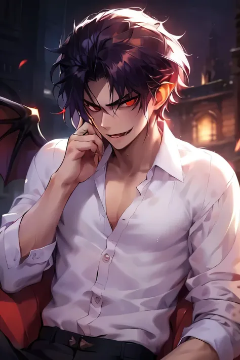 seductive vampire, 1boy, one male, adult vampire male, attractive, demon, evil character, seductive, button up shirt, Looking at viewer, Simple background, Red Eyes, Teeth, Fang,