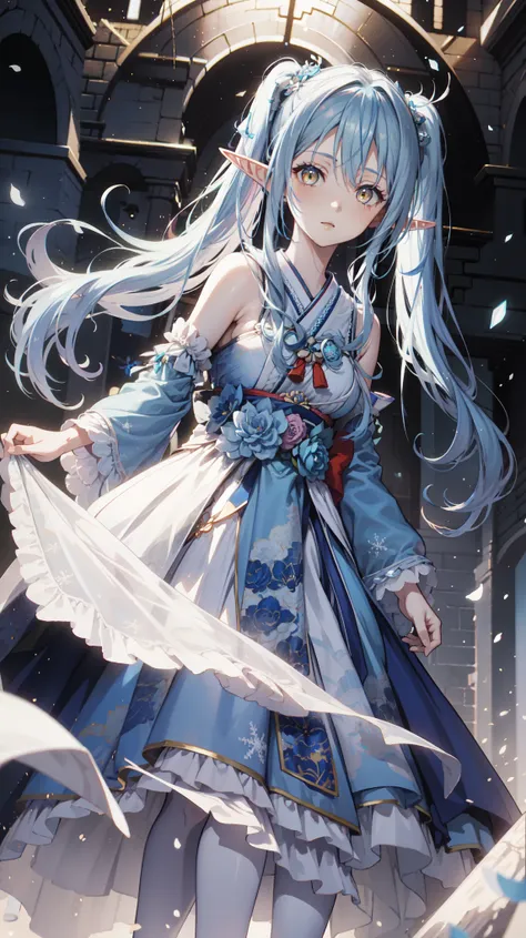 Anime Girl, Fantasy illustrations,  flowing hair ，Blue Japanese long skirt， Clear Clothes ， Beautiful young elf,  dark blue hair ，Twin ponytails，Hair style editor ，have， happy ，Beautiful fantasy anime, 闪亮 flowing hair , Ethereal Anime, Beautiful anime work...