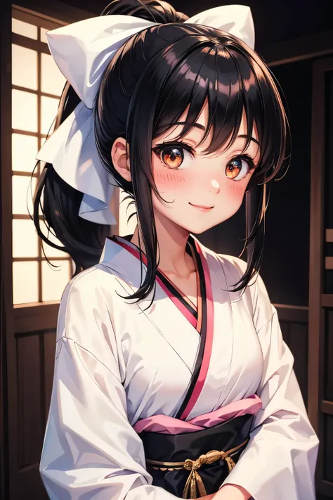  1 girl,  blush,  smiles,  ponytail,  black hair, ribbon,  White Kimono