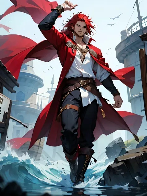 A powerful pirate king with long, wild red hair and intense blue eyes. His face is sharp, with a strong jawline and signs of past battles, like small scars. He wears a simple white shirt, unadorned, yet made from luxurious fabric, and a long, majestic cape...