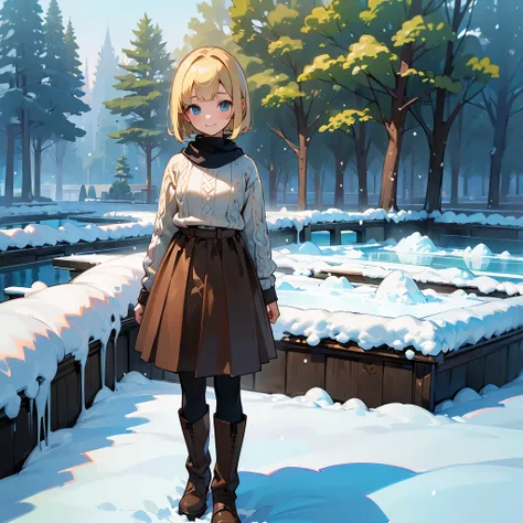 ( High Quality ,  high definition , Very detailed, reality:1.37), Peaceful atmosphere, (Outdoor, garden ,snow),  teenage girl standing alone, Beautiful details,  cute smile, (Blonde Bob ), Ribbed sweater,Brown skirt, Black tights,  brown boots .