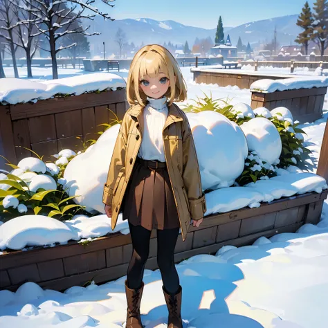 ( High Quality ,  high definition , Very detailed, reality:1.37), Peaceful atmosphere, (Outdoor, garden ,snow),  teenage girl standing alone, Beautiful details,  cute smile, (Blonde Bob ), Ribbed sweater,Brown skirt, Black tights,  brown boots .