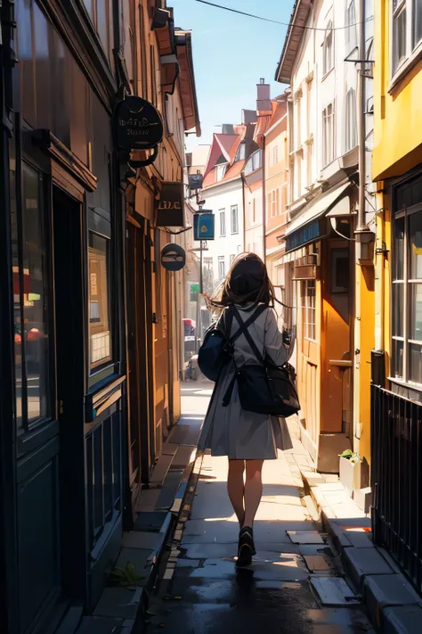 A girl walking through the streets of Sweden, back view
