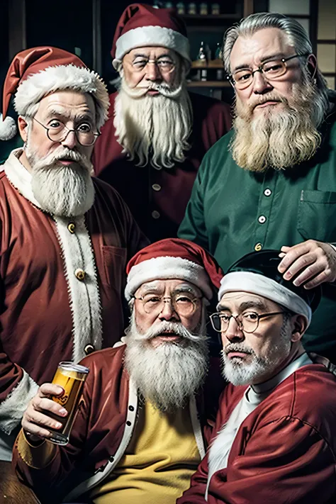 three Santa Clauses together: one Santa Claus, an old Japanese man with a white beard in yellow clothes, smoking a cigarette, and another Santa Claus, a fat and old black man with prescription glasses, with a white beard, in blue clothes, drinking a can of...