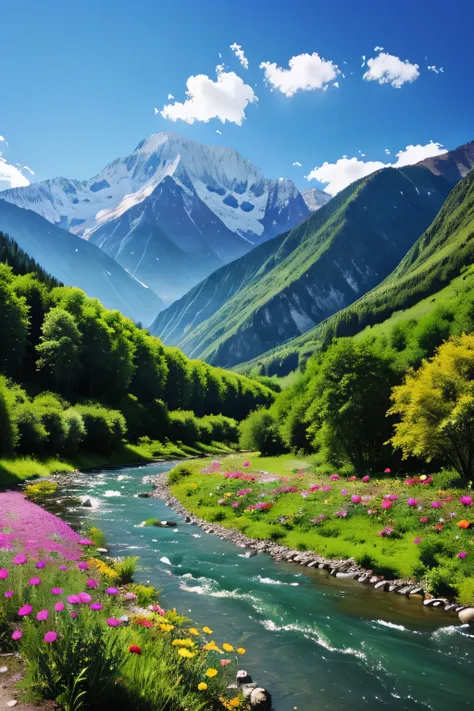 Create an aesthetic nature where there are lots of flowers, trees, mountains and rivers just like heaven