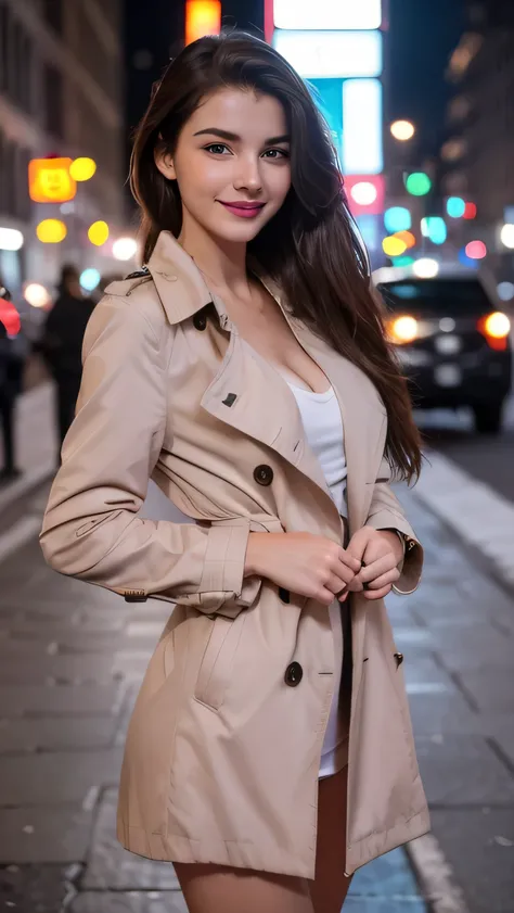 Beautiful portrait of a very shy and sexy 19 year old wet European girl posing for a picture on a street in New York at night, wearing trench coat, seductive smile, gorgeous girl, Hyper realistic flawless skin, perfect face, delicate features, jet pink lip...