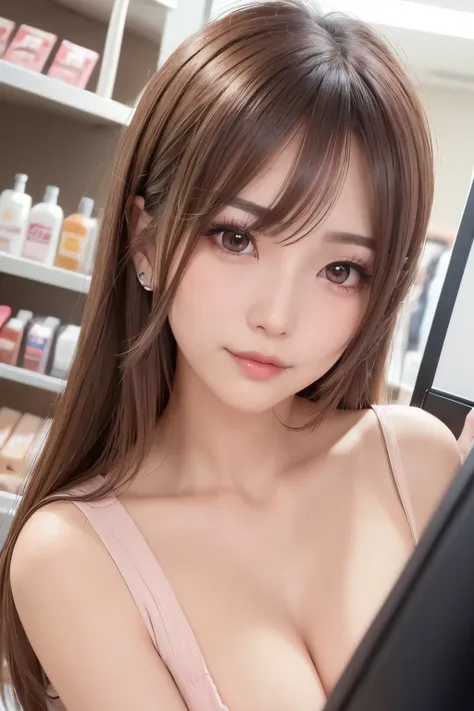 (NSFW:1.1)、 photorealistic、( Perfect Anatomy)female 1 person、(The age is 32:1.2)、 hairstyle is layered cut、Hair color is brown、Applying blush to the cheeks、Wearing false eyelashes、 wearing silver colored contact lenses、There are light eyeshadows、 lips are ...