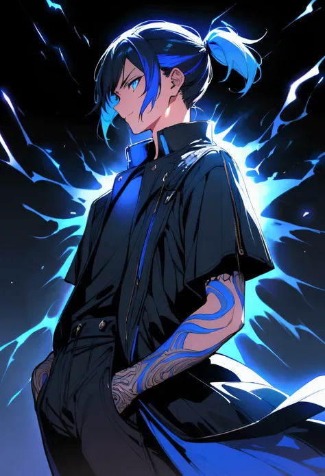  Teenage boy,  tight hair , medium length hair, black and blue multicolored hair, long fringe on the sides, small ponytail back , bright blue eyes, serious face, simple smile, blue tattoos on the body, Long black shirt,  stylish and wide black and blue sho...