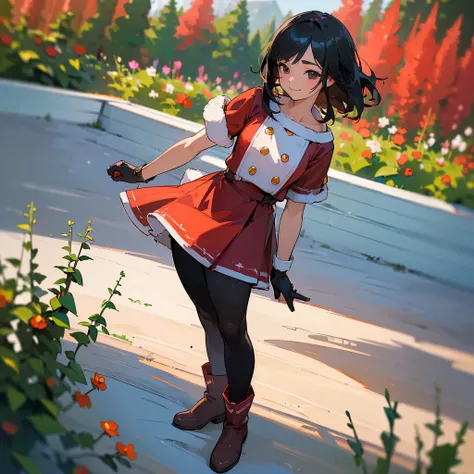 ( high quality,  High Resolution , Super detailed, Realism:1.37), Peaceful atmosphere, ( outdoor, garden),  Teenage Girl Standing Alone, BEAUTIFUL DETAILED FEATURES ,  cute smile , (Black bob hair ),  Santa Claus Outfits,  red skirt ,  black tights, Brown ...