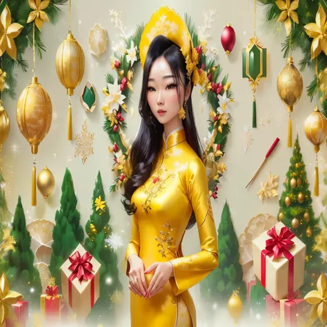 a close up of a woman in a yellow dress with a christmas tree, ao dai, beautiful yellow woman, beautiful digital artwork, do hoang tuong artwork, vietnamese woman, chinese dress, lady using yellow dress, traditional art, in style of lam manh, 8k)), profile...