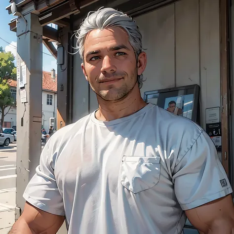 A modern, hand-drawn, close-up photograph of a 35-year-old man, athletic, smiling, gray hair, light eyes, front view, printed shirt, daytime scene, semi-realistic style, well-defined and defined brushstrokes, perfect shading, natural colors,