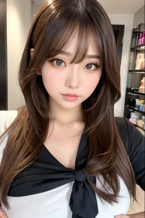 (NSFW:1.1)、 photorealistic、( Perfect Anatomy)female 1 person、(The age is 32:1.2)、 hairstyle is layered cut、Hair color is brown、Applying blush to the cheeks、Wearing false eyelashes、 wearing silver colored contact lenses、There are light eyeshadows、 lips are ...