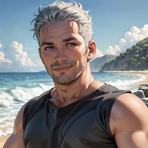 A modern, hand-drawn, close-up photograph of a 35-year-old man, athletic, smiling, gray hair, light eyes, front view, black shirt, beach scene, semi-realistic style, well-defined and sharp brushstrokes, perfect shading, natural colors,