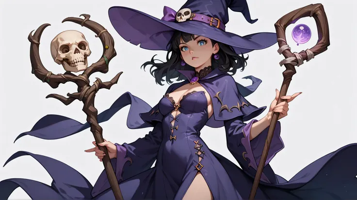 Simple Anime Style,  1girl, solo, black hair, blue eyes, witch hat, purple witch outfit, simple background, slit dress, holding a staff, staff has a skull on it  