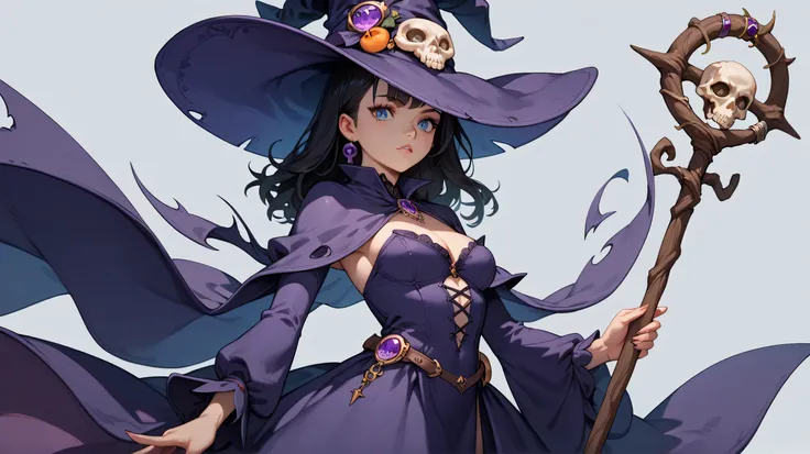 Simple Anime Style,  1girl, solo, black hair, blue eyes, witch hat, purple witch outfit, simple background, slit dress, holding a staff, staff has a skull on it  