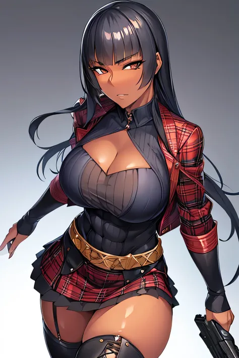 Top quality, detailed face, top quality, perfect fingers, detailed eyes, detailed illustration, one woman, MILF, 40 yrs old, Latina, black shooter, sharp eyes, angular eyes, irritated, dark skin, blunt bangs hair, muscular, red plaid jacket, very shiny ski...