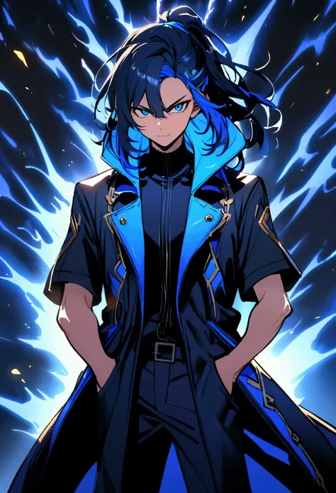  Teenage boy,  tight hair , medium length hair, black and blue multicolored hair, long fringe on the sides, small ponytail, bright blue eyes, serious face, simple smile, blue tattoos on the body, Long black shirt,  stylish and wide black and blue short sle...