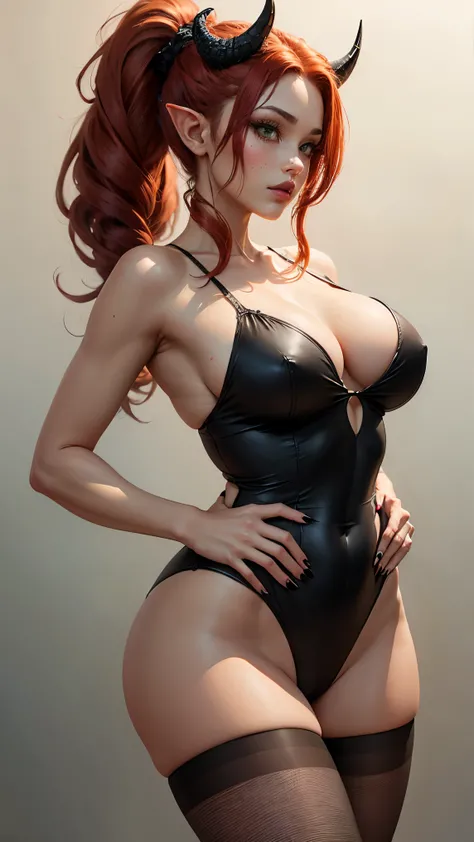 Short female wearing a pink ballet leotard and black pantyhose. half elf half dragon. human shape. human face. narrow waist. large breasts. wide hips. long dark cherry red hair up in a ponytail. matte black painted lips. green snake eyes. tanned skin. frec...